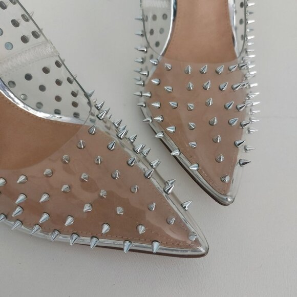 Steve Madden Clear Spike Stilettos 8 Metallic Silver Heels Glam Edgy Studded - Picture 5 of 12